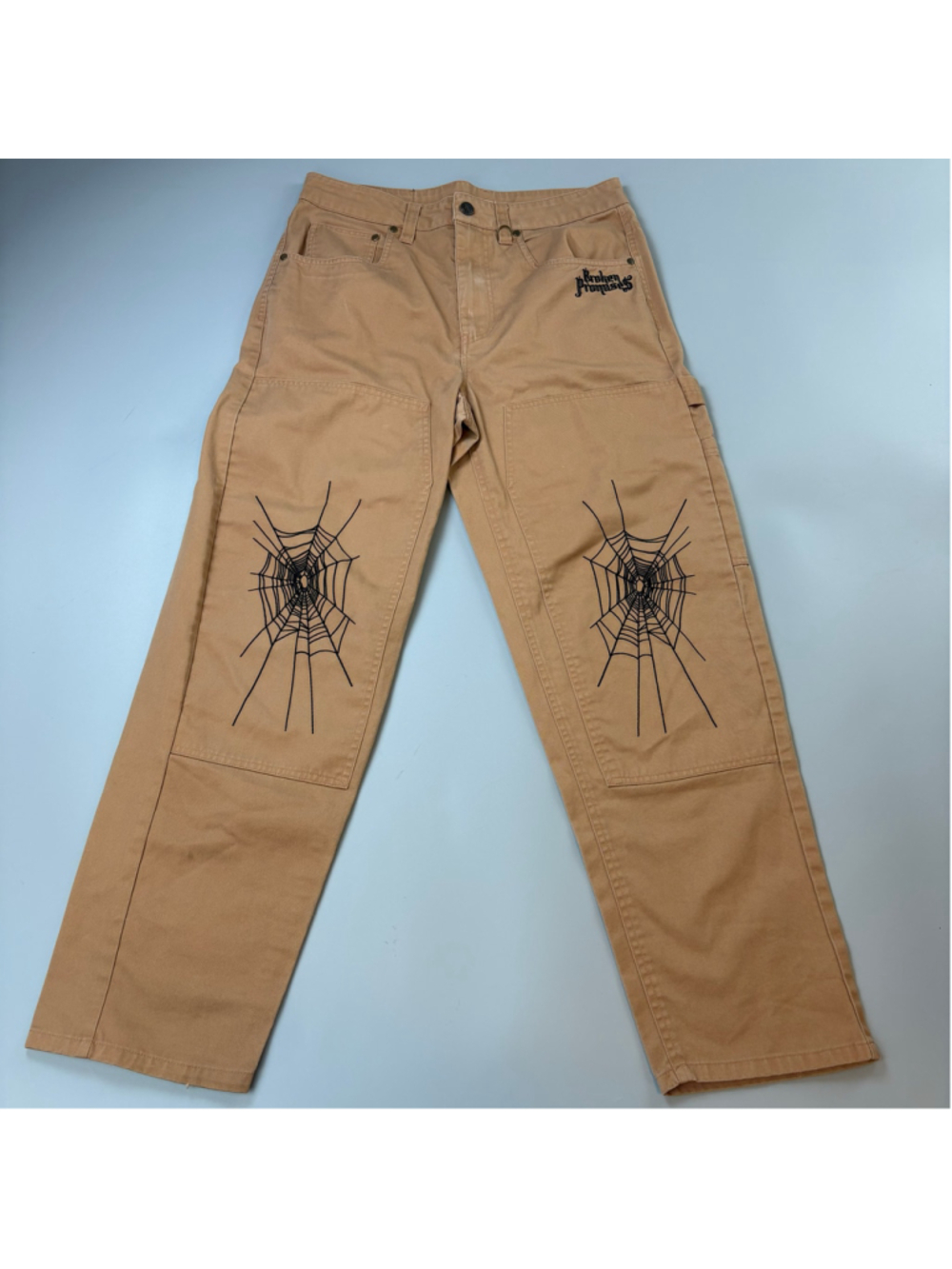 Broken Promises Cargo Pants 30 Tan Black Spider Web Cobra Double Knee Streetwear